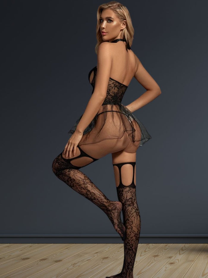 Μαύρο Sexy Σετ - Bodystocking με Τούλινη Μίνι Φούστα και Διχτυωτές Κάλτσες ✨🖤
