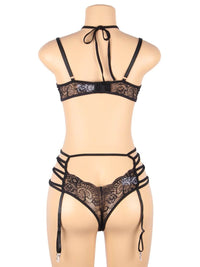Μαύρο βελούδινο lingerie set με δαντέλα, μπανέλα και ζαρτιέρες – Juicy String