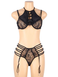 Μαύρο βελούδινο lingerie set με δαντέλα, μπανέλα και ζαρτιέρες – Juicy String