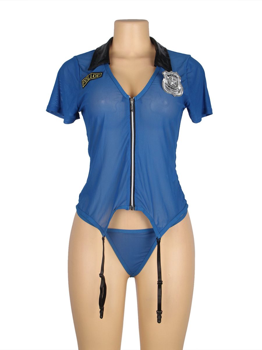 Μπλε sexy στολή αστυνομικίνας με ζαρτιέρες, φερμουάρ και χειροπέδες – Juicy String

