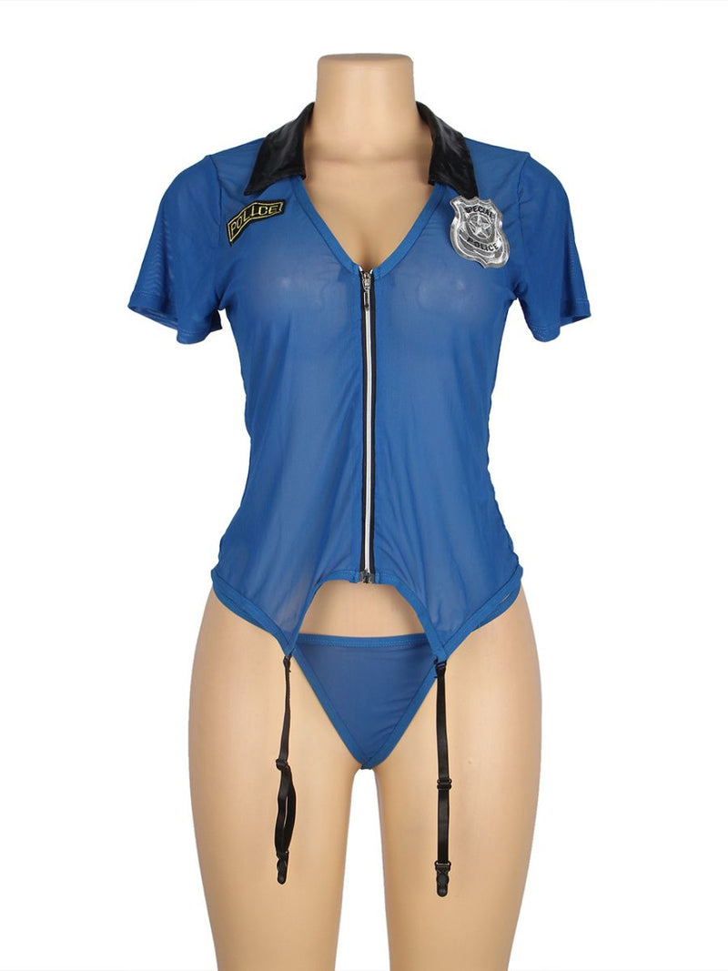 Μπλε sexy στολή αστυνομικίνας με ζαρτιέρες, φερμουάρ και χειροπέδες – Juicy String

