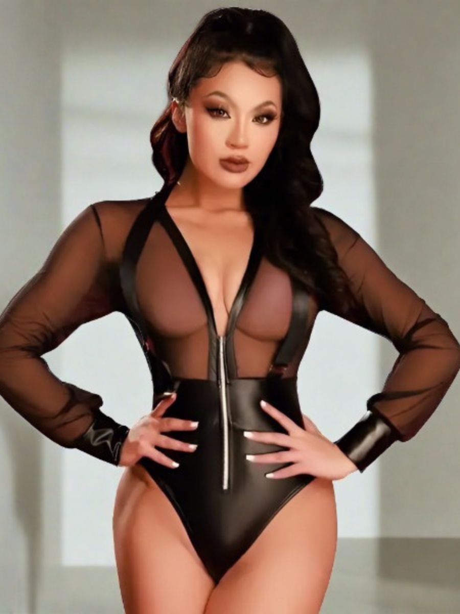 Σαγηνευτικό Διάφανο Bodysuit με Wet Look και Φερμουάρ