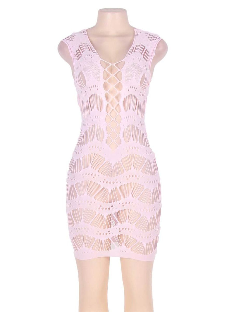 Δαντελένιο διάφανο chemise φόρεμα με hollow-out σχέδια σε λευκό και ροζ – Juicy String