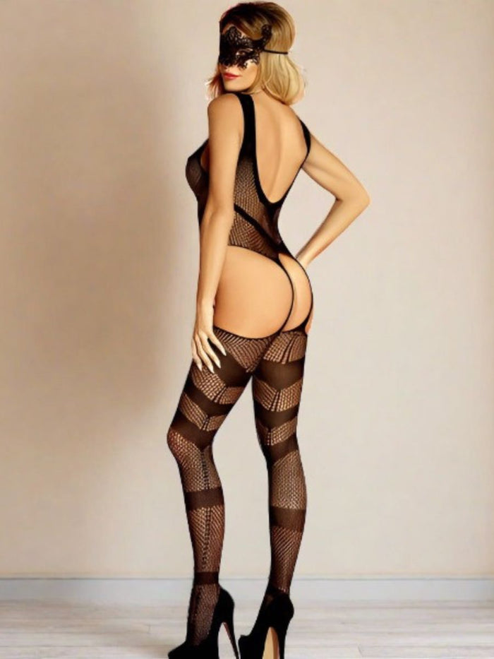 Μαύρο Bodystocking με Ανοιχτή Πλάτη, Ανοιχτό Καβάλο και Συνοδευτική Μάσκα