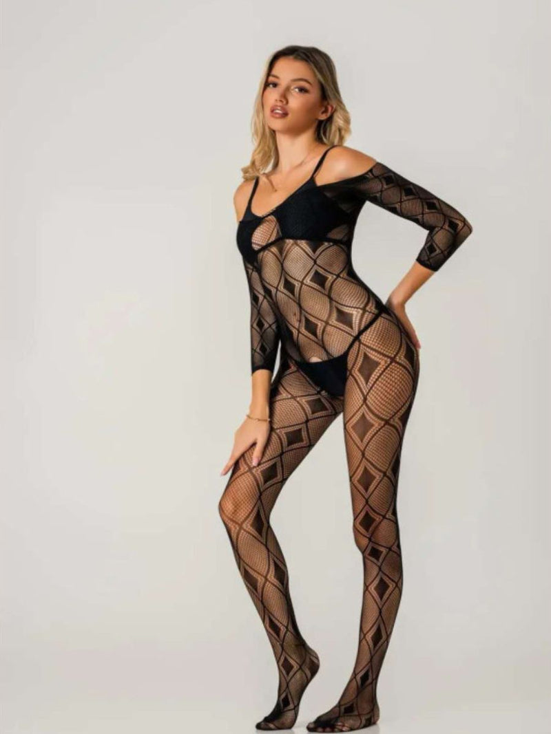 Διχτυωτό μακρυμάνικο crotchless bodystocking με rhombus μοτίβο από ελαστικό ύφασμα – σέξι και τολμηρή επιλογή για αισθησιακές στιγμές και roleplay.