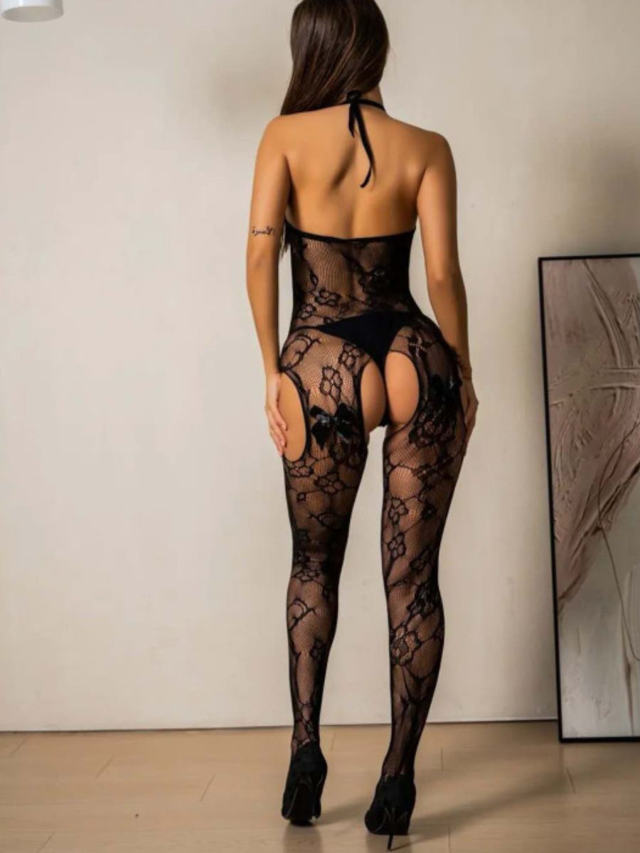 Cut-Out Bodystocking Αυτοκινήτου με Floral Σχέδιο και Φιόγκο