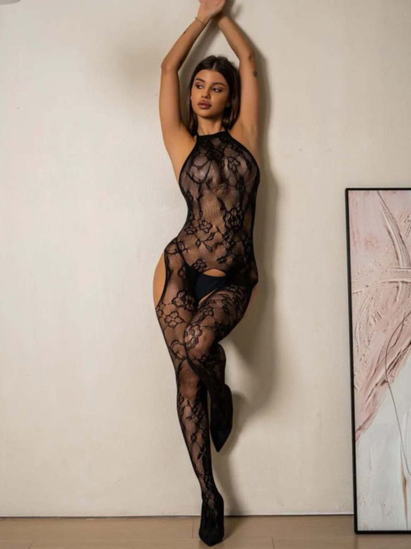 Cut-Out Bodystocking Αυτοκινήτου με Floral Σχέδιο και Φιόγκο