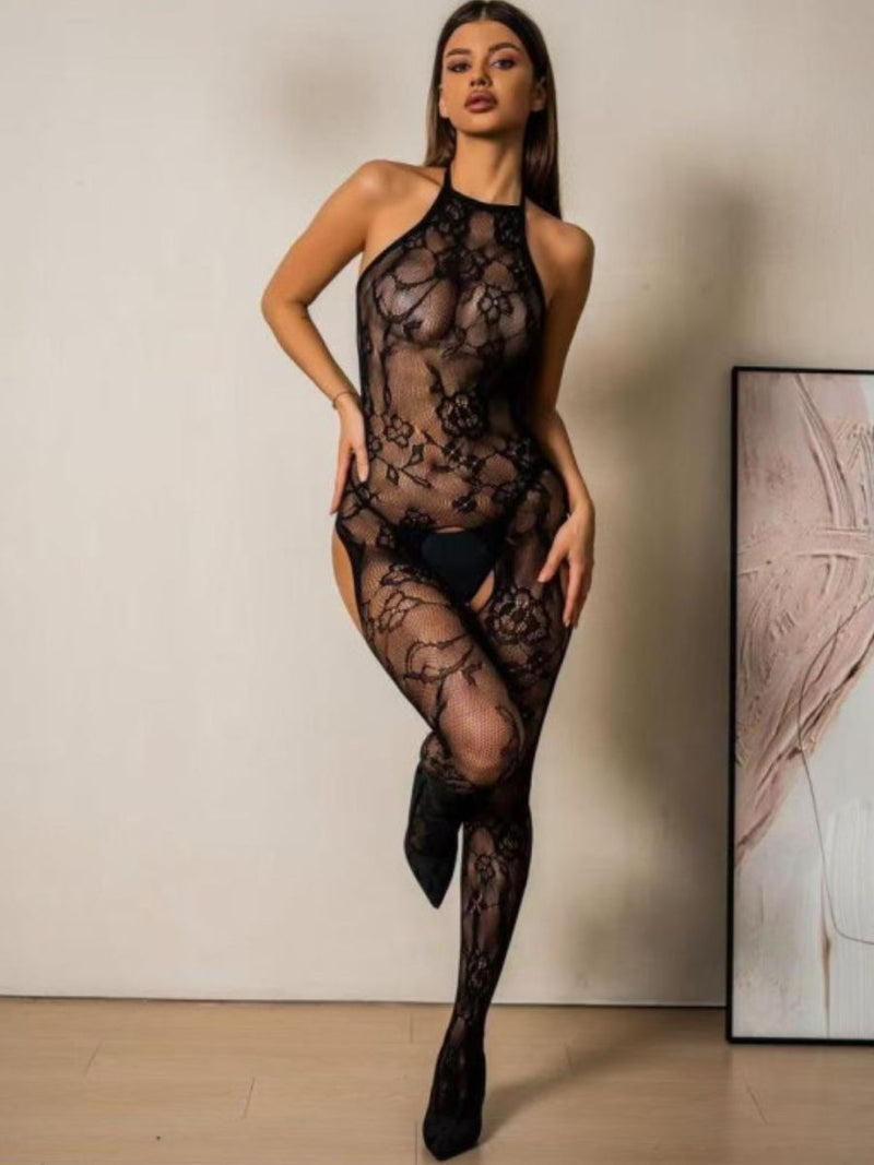 Cut-Out Bodystocking Αυτοκινήτου με Floral Σχέδιο και Φιόγκο