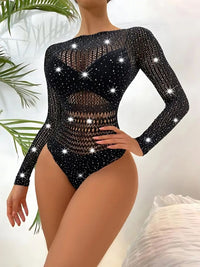 Διχτυωτό μακρυμάνικο μαύρο κορμάκι με strass, One Size, για σέξι και εκρηκτικές εμφανίσεις – Juicy String