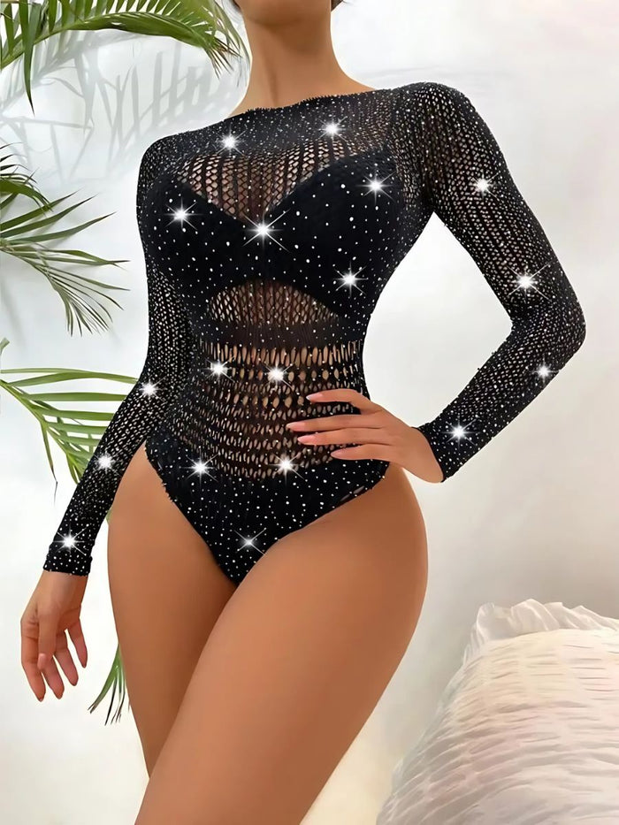Διχτυωτό μακρυμάνικο μαύρο κορμάκι με strass, One Size, για σέξι και εκρηκτικές εμφανίσεις – Juicy String