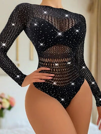 Διχτυωτό μακρυμάνικο μαύρο κορμάκι με strass, One Size, για σέξι και εκρηκτικές εμφανίσεις – Juicy String