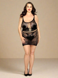 Plus Size Μίνι Εφαρμοστό Φόρεμα-Bodystocking με Σκισίματα