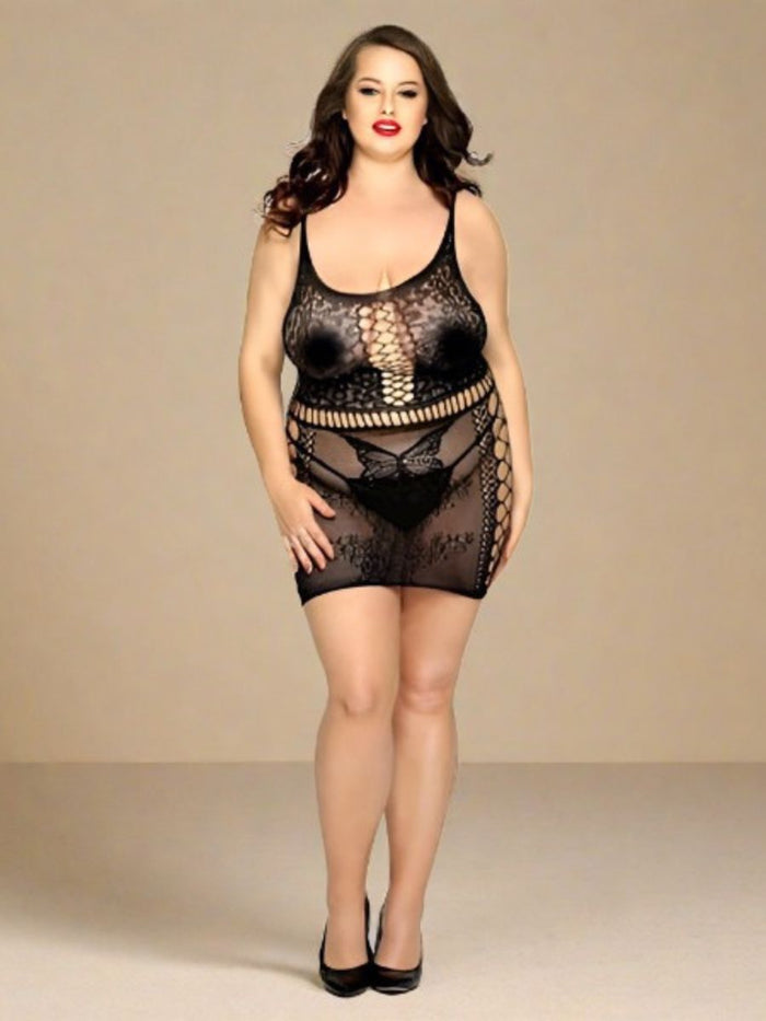 Plus Size Μίνι Εφαρμοστό Φόρεμα-Bodystocking με Σκισίματα