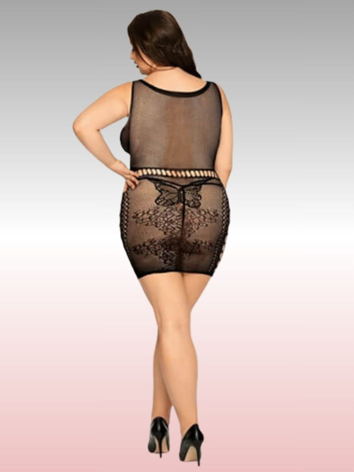Plus Size Μίνι Εφαρμοστό Φόρεμα-Bodystocking με Σκισίματα