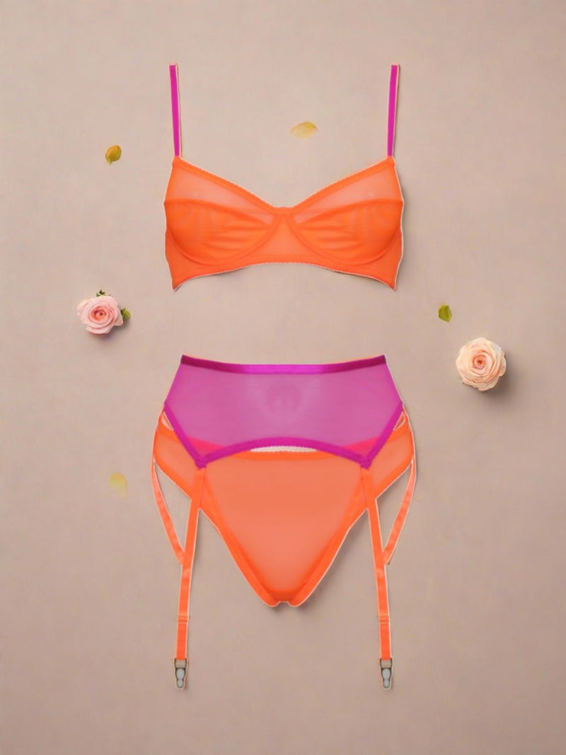 Δίχρωμο See Through Set με Ζαρτιέρα & Διακοσμητικά Κορδόνια