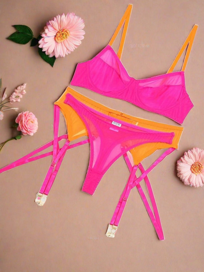 Δίχρωμο See Through Set με Ζαρτιέρα & Διακοσμητικά Κορδόνια