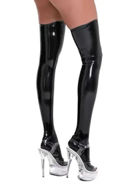 Γυαλιστερές μαύρες και κόκκινες knee-high κάλτσες latex-style – Juicy String