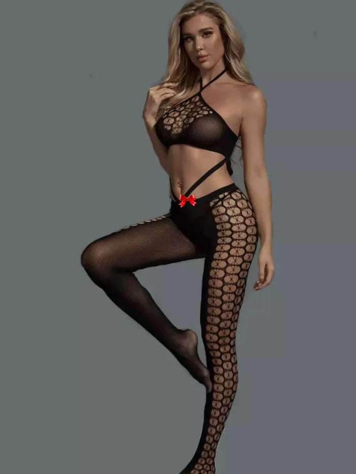 Ολόσωμο Bodystocking Halter Neck – Hollow Design🖤
