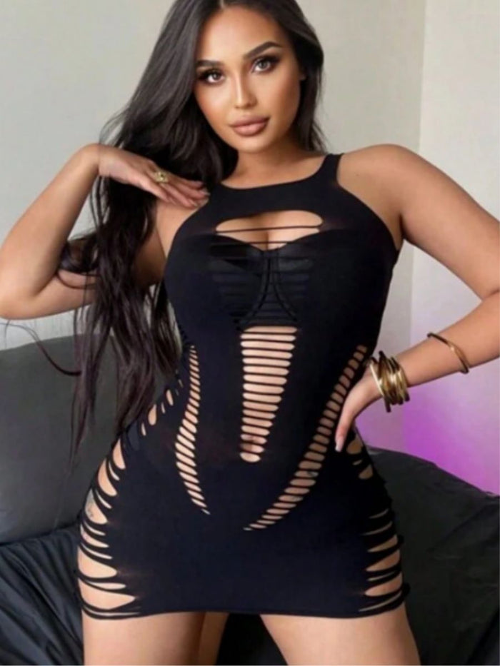 Μαύρο fishnet bodycon φόρεμα με halter λαιμόκοψη και hollow out σχέδιο – Juicy String