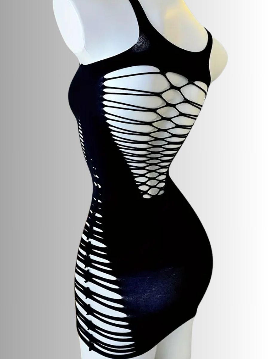 Μαύρο fishnet bodycon φόρεμα με halter λαιμόκοψη και hollow out σχέδιο – Juicy String