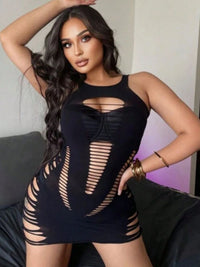 Μαύρο fishnet bodycon φόρεμα με halter λαιμόκοψη και hollow out σχέδιο – Juicy String