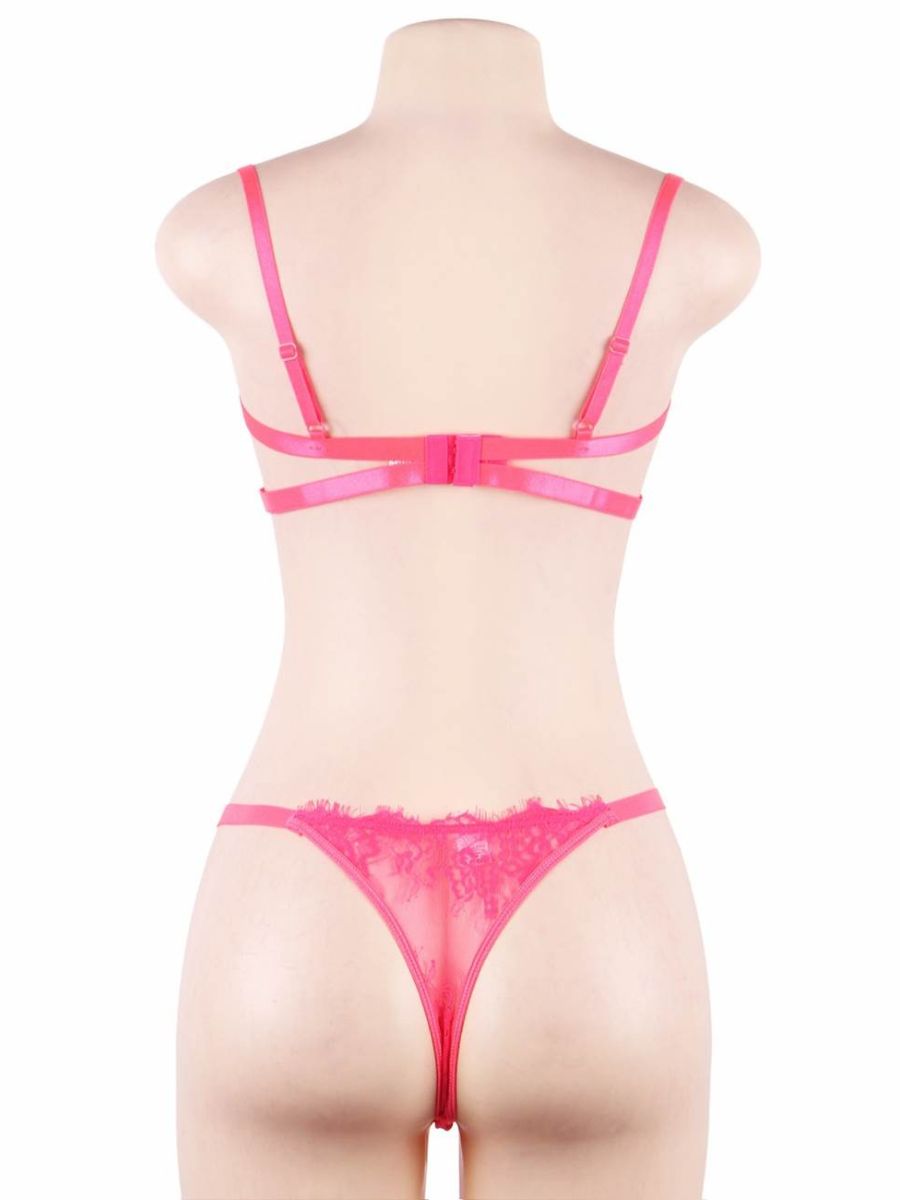 Hot pink δαντελένιο σετ σουτιέν και σλιπ με μπανέλα – Juicy String

