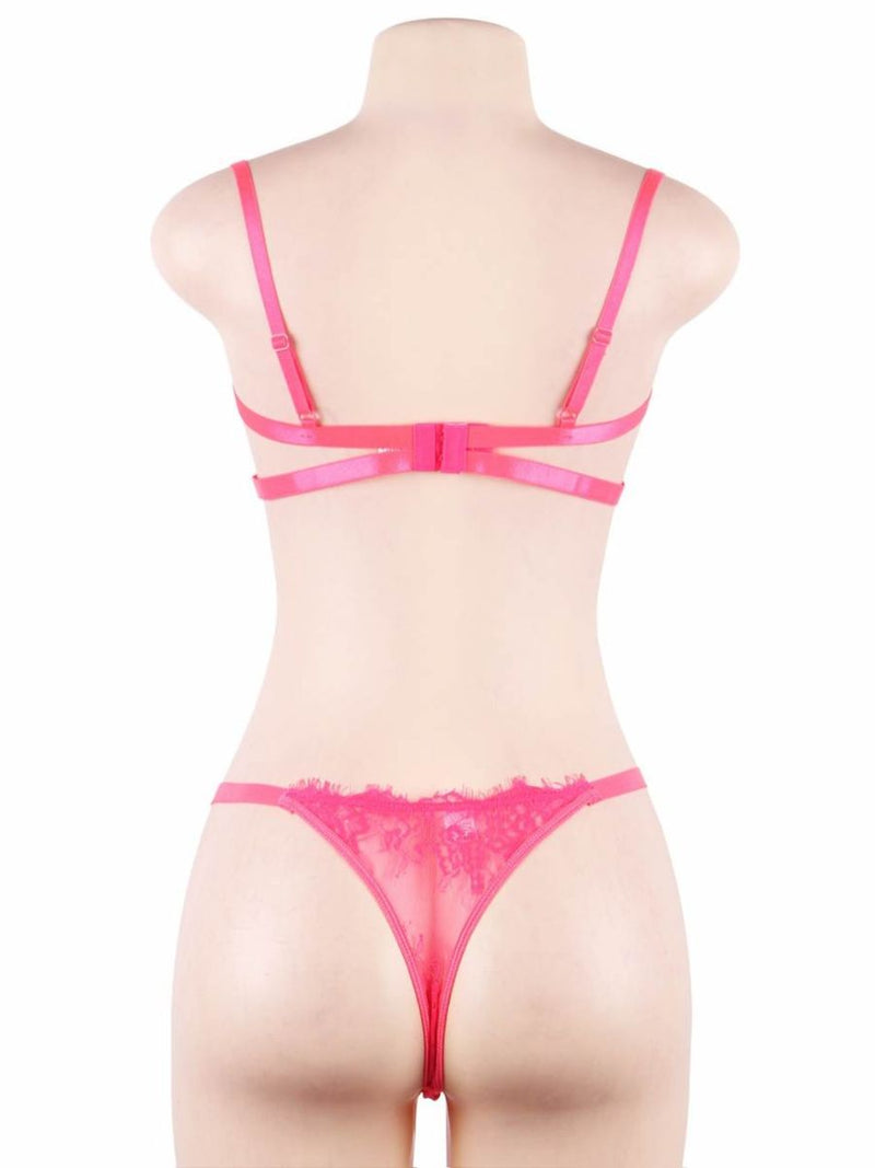 Hot pink δαντελένιο σετ σουτιέν και σλιπ με μπανέλα – Juicy String

