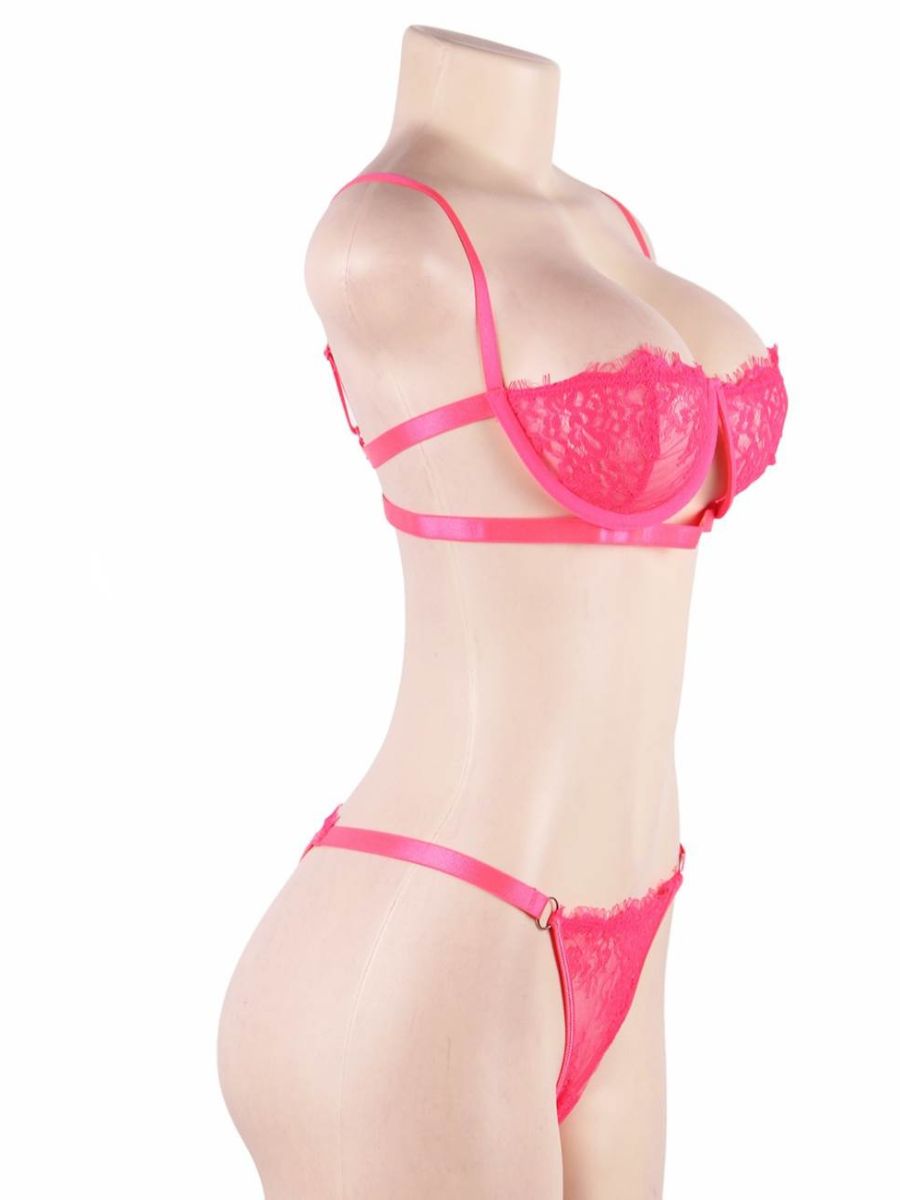 Hot pink δαντελένιο σετ σουτιέν και σλιπ με μπανέλα – Juicy String

