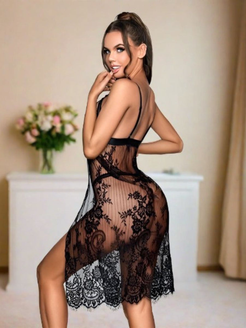 Δαντελένιο Babydoll με Ανοιχτό Μπροστινό Μέρος και Wet Look Μπούστο