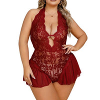 Plus Size Δαντελένιο Κορμάκι με Halter Σχέδιο