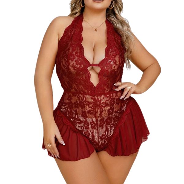 Plus Size Δαντελένιο Κορμάκι με Halter Σχέδιο