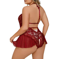 Plus Size Δαντελένιο Κορμάκι με Halter Σχέδιο