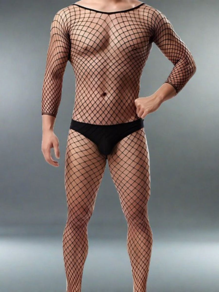 Ολόσωμο Ανδρικό Διχτυωτό Bodystocking με Μακριά Μανίκια