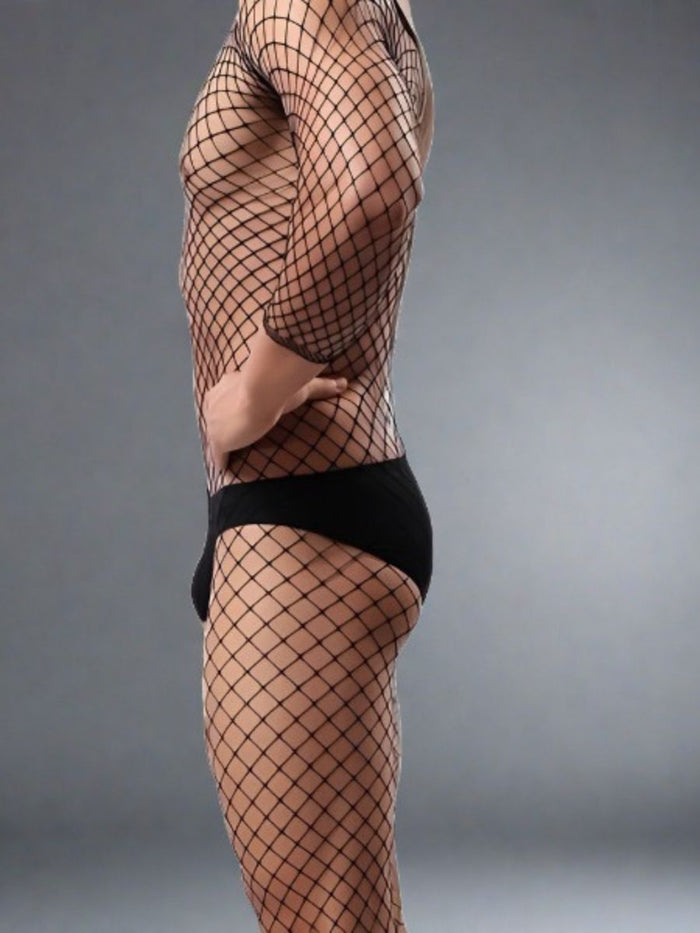 Ολόσωμο Ανδρικό Διχτυωτό Bodystocking με Μακριά Μανίκια