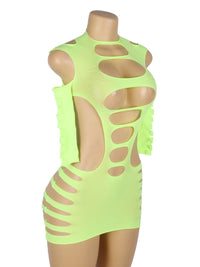 Neon lime διχτυωτό mini bodystocking με hollow-out σχέδιο & μακριά μανίκια – Juicy String