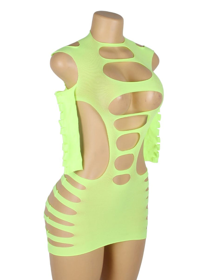 Neon lime διχτυωτό mini bodystocking με hollow-out σχέδιο & μακριά μανίκια – Juicy String