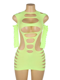 Neon lime διχτυωτό mini bodystocking με hollow-out σχέδιο & μακριά μανίκια – Juicy String