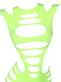 Neon lime διχτυωτό mini bodystocking με hollow-out σχέδιο & μακριά μανίκια – Juicy String
