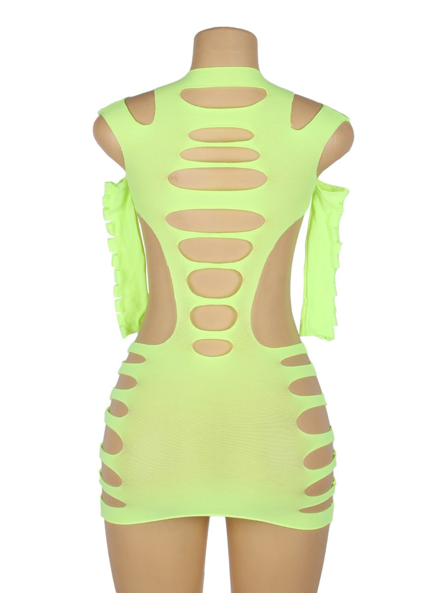 Neon lime διχτυωτό mini bodystocking με hollow-out σχέδιο & μακριά μανίκια – Juicy String