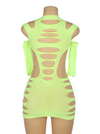 Neon lime διχτυωτό mini bodystocking με hollow-out σχέδιο & μακριά μανίκια – Juicy String