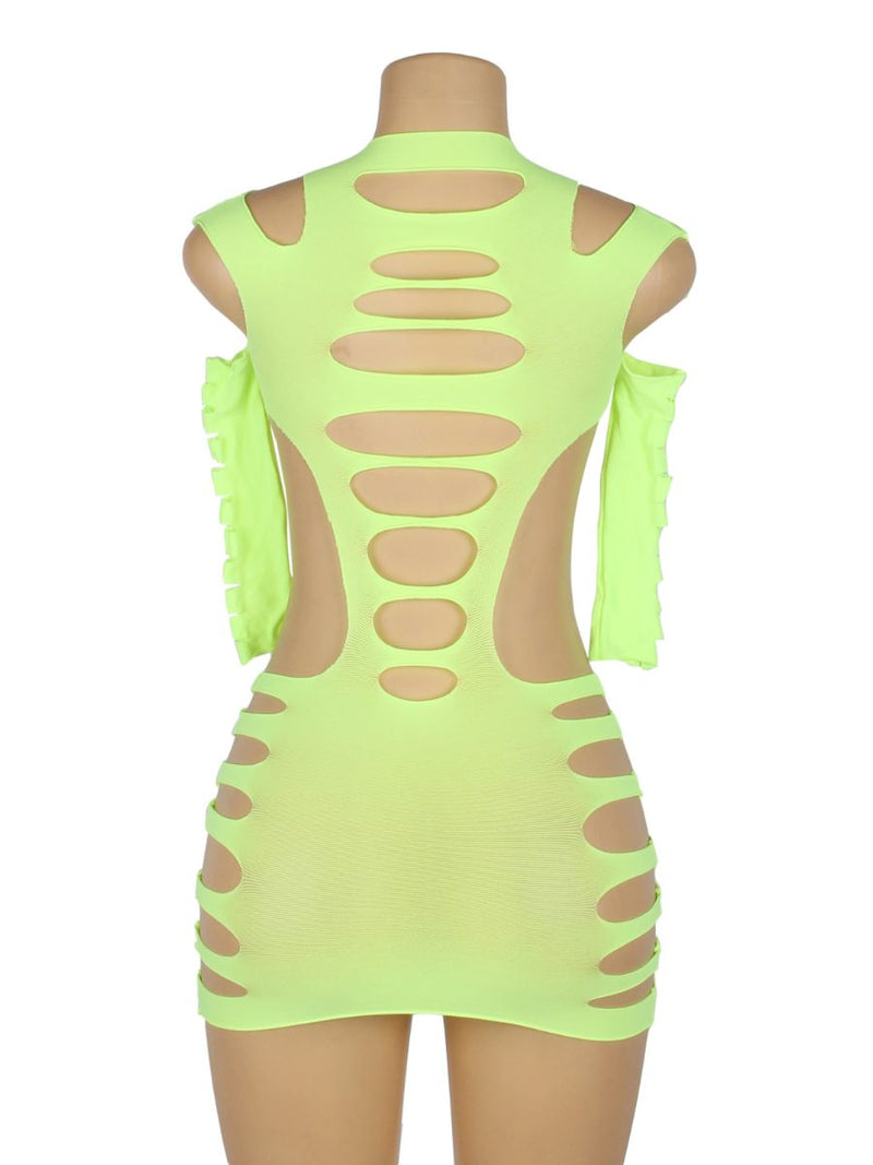 Neon lime διχτυωτό mini bodystocking με hollow-out σχέδιο & μακριά μανίκια – Juicy String