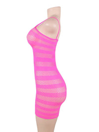 Ροζ δικτυωτό mini chemise φόρεμα με hollow-out ριγέ σχέδιο – Juicy String