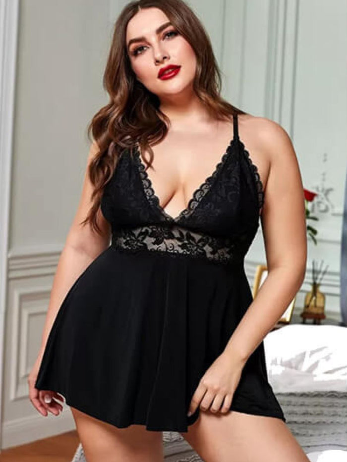Plus Size Babydoll με Δαντέλα και Βαθύ V Ντεκολτέ