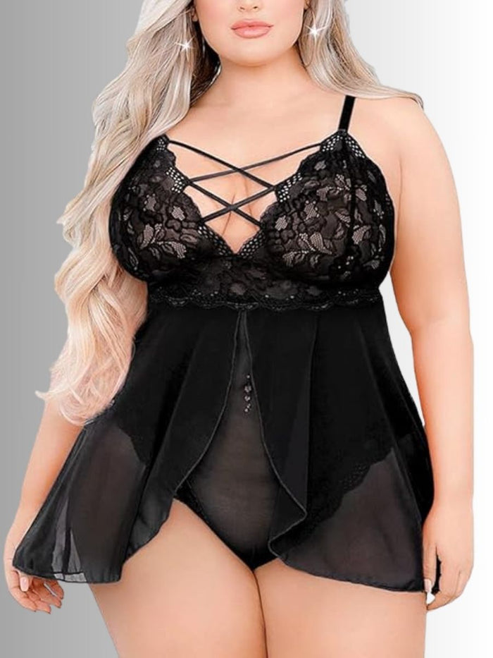 Plus size babydoll με δαντελένιο μπούστο και slip – μαύρο | Juicy String