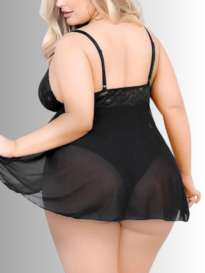 Plus size babydoll με δαντελένιο μπούστο και slip – μαύρο | Juicy String