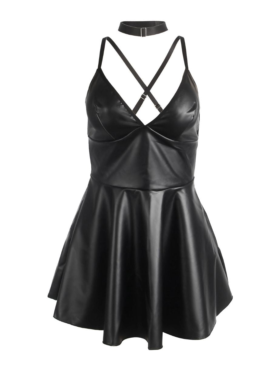 Plus size μαύρο φόρεμα από δερματίνη με τσόκερ – Juicy String