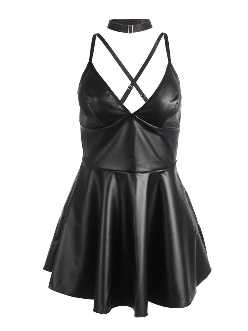 Plus size μαύρο φόρεμα από δερματίνη με τσόκερ – Juicy String