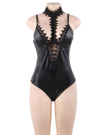 Plus size μαύρο δερμάτινο teddy lingerie με δαντέλα και choker – Juicy String
