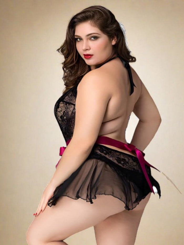 Αποκαλυπτικό Plus Size Κορμάκι με Ροζ Φιόγκο