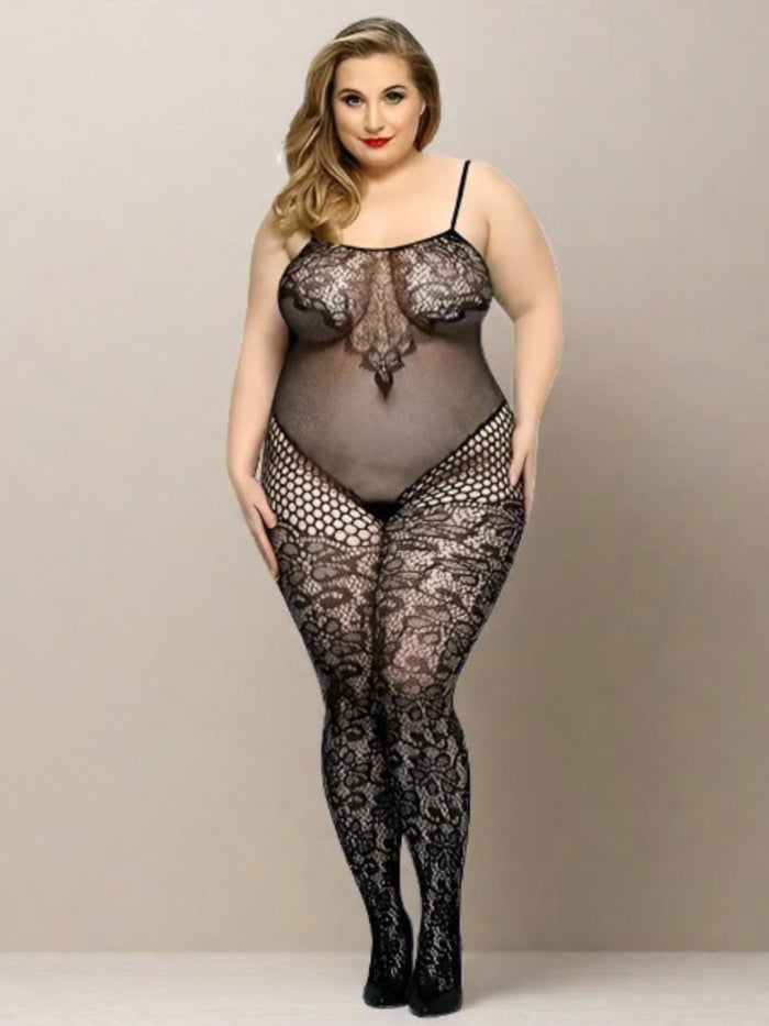 Ολόσωμο Μαύρο Plus Size Bodystocking με Φλοράλ Μοτίβο 🌹